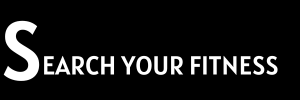 A sleek, modern logo for 'SearchYourFitness.com' against a solid black background. The logo features the website name in a bold, sans-serif font. A stylized magnifying glass seamlessly integrates with a vibrant, gradient-filled dumbbell icon. The colors used are deep teal and bright orange, creating a dynamic and professional look