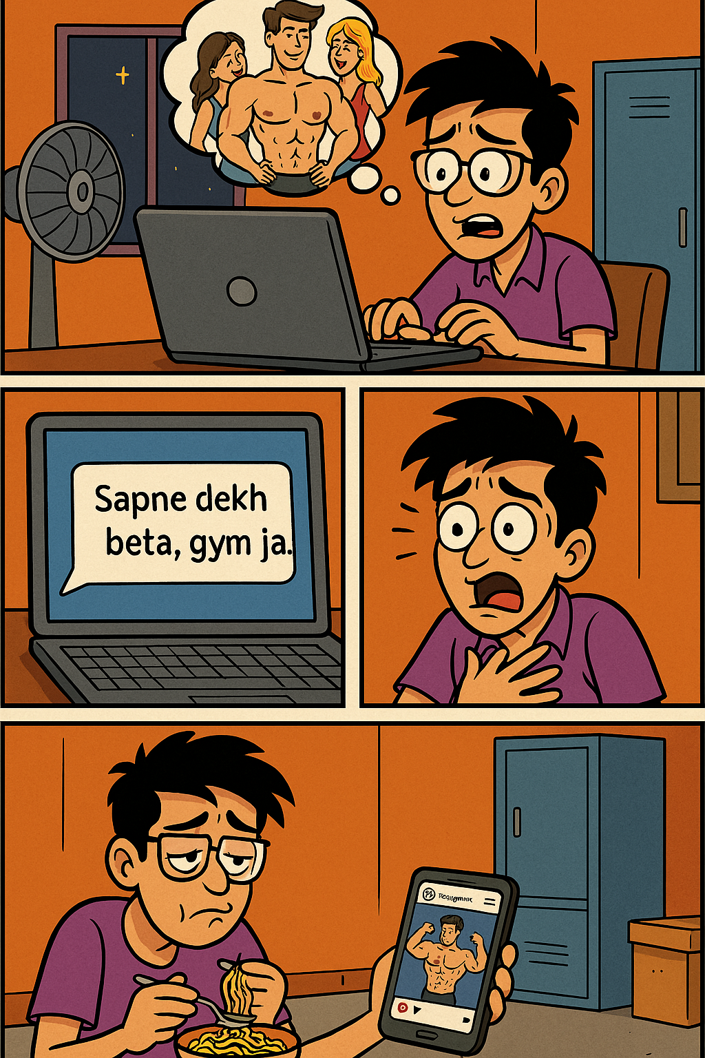 A 3-panel comic in Indian cartoon style. Panel 1: A skinny nerdy guy with glasses is sitting on his laptop at night. The screen shows him typing: 'ChatGPT, 7 din mein six pack kaise banayein?' There's a dream bubble above his head showing abs and girls admiring him. Panel 2: Laptop screen shows ChatGPT reply in sarcastic tone: 'Sapne dekh beta, gym ja.' The guy looks shocked, hands on chest, dramatic Bollywood style. Panel 3: Same guy sadly eating Maggi while scrolling Instagram reels of shredded gym bros. Comic style: bold outlines, desi room background (fan, steel almirah), vibrant colors, exaggerated facial expressions.