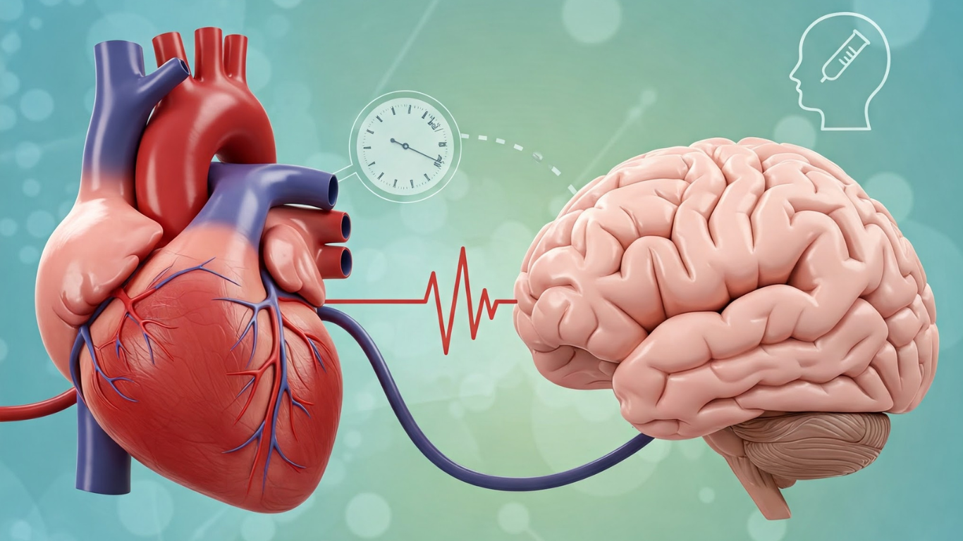 A medical image showing the link between managing high blood pressure and lowering dementia risk. A heart and brain are connected by a pulsing blood vessel, with the text "Managing High Blood Pressure Lowers Dementia Risk By 15%" in the background. Subtle health icons are included.