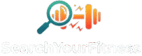 A sleek, modern logo for 'SearchYourFitness.com' against a solid black background. The logo features the website name in a bold, sans-serif font. A stylized magnifying glass seamlessly integrates with a vibrant, gradient-filled dumbbell icon. The colors used are deep teal and bright orange, creating a dynamic and professional look