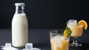 An image featuring a bottle of milk and two glasses of a creamy, light-colored cocktail, suggesting a mix of milk and alcohol. The milk bottle has spilled milk and ice cubes around its base on the left, while the two glasses on the right contain ice, an orange slice, and a mint sprig as garnish. The background is dark and moody, with a magazine article title "Milk and Alcohol: Why This Mix Might Be Better Than You Think" visible at the top. The image is designed as a thumbnail for a food and health-related publication.